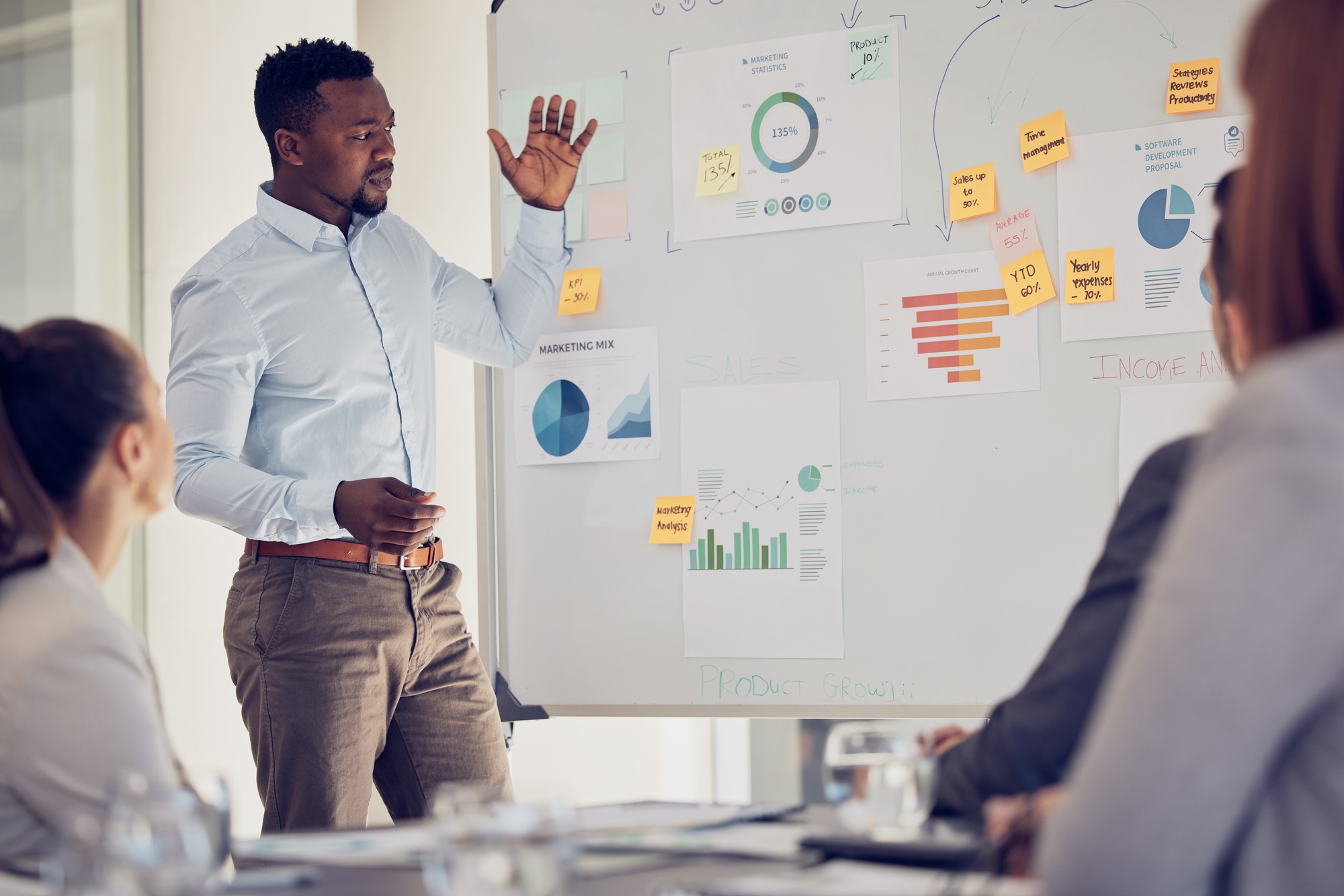 Presentation, whiteboard and businessman with finance strategy, erp marketing analysis and company